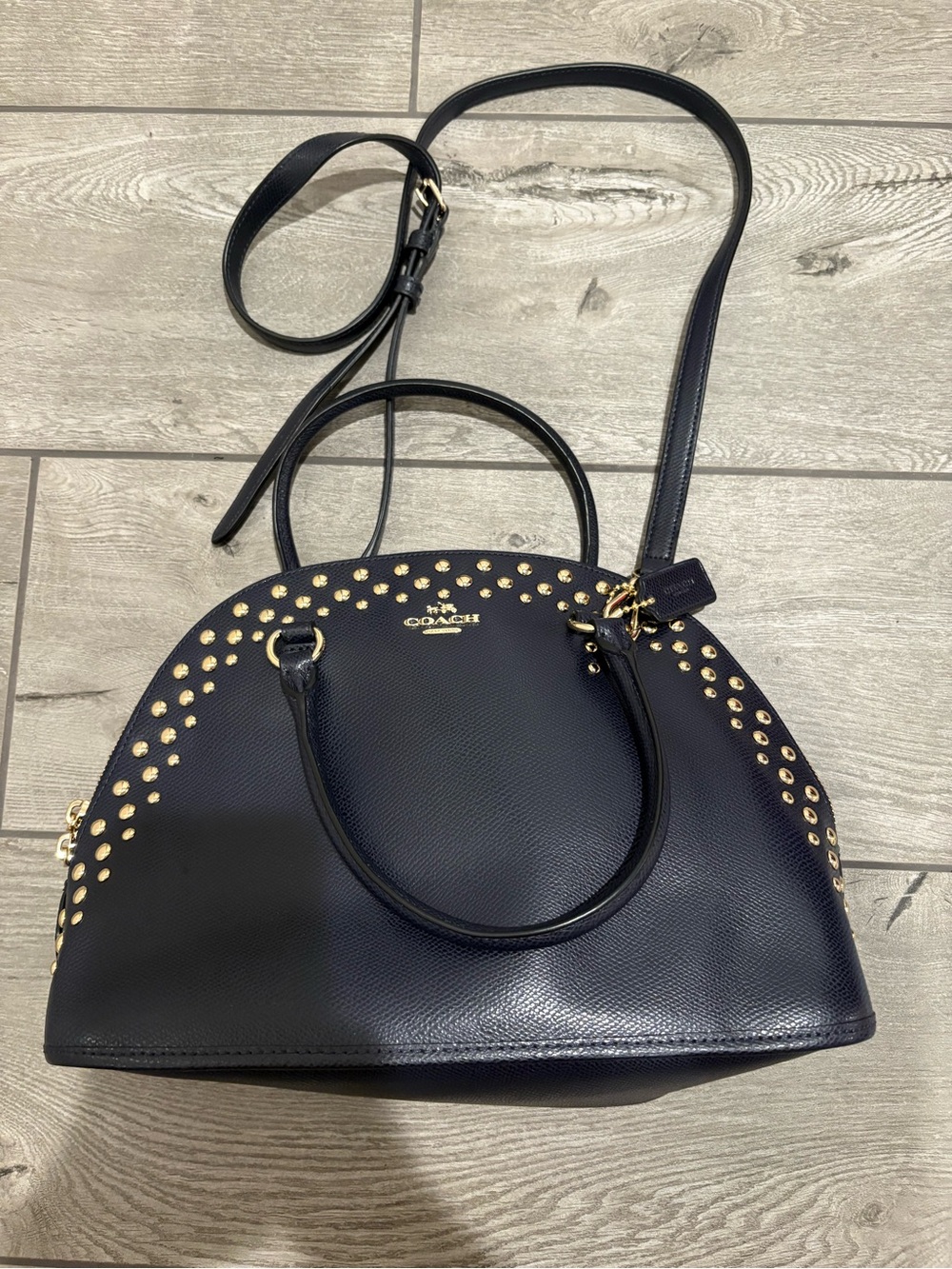 Coach Navy Leather Dome Satchel with Gold Stud Accents w/ matching Coach wallet